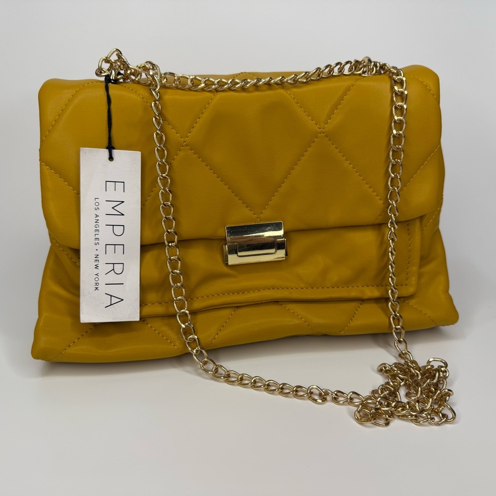 NWT Emperia Quilted Crossbody Bag Mustard Yellow Gold Chain Vegan Leather